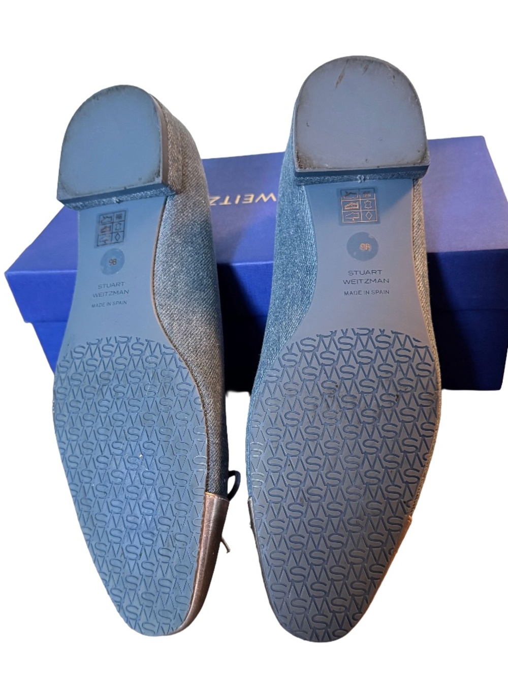 Stuart Weitzman Sleek Bow Denim Ballerina Flat Silver Cap Toe Size 9 - Picture 4 of 7
